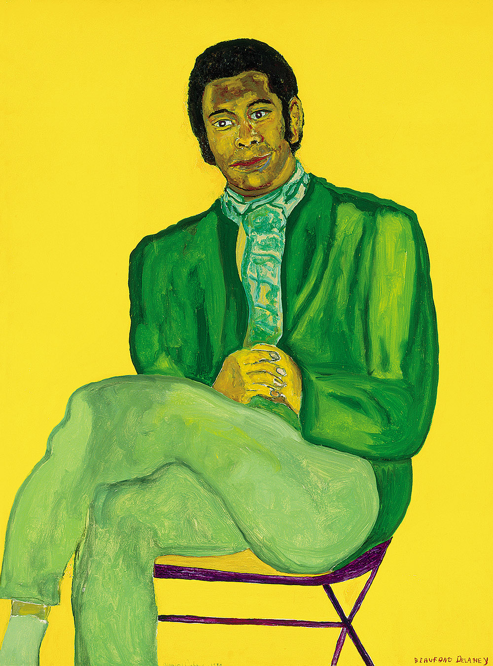 A painted portrait of a man with dark skin wearing a green suit, light blue shirt, and sitting cross-legged on a purple chair, set against a bright yellow background.